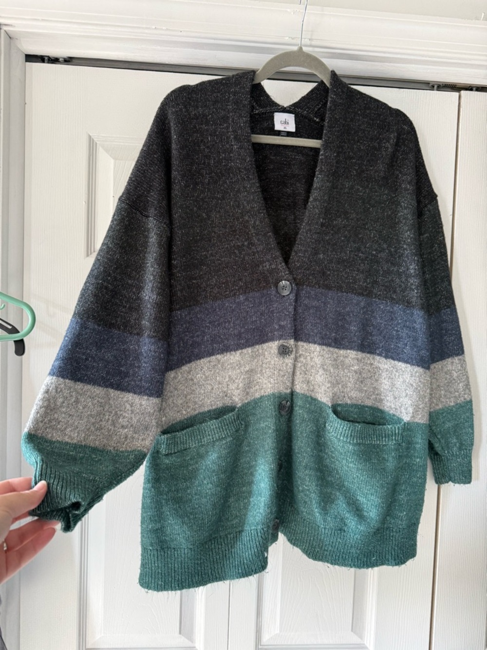 Cabi Colorblock V-Neck Cardigan - Green/Gray/Charcoal